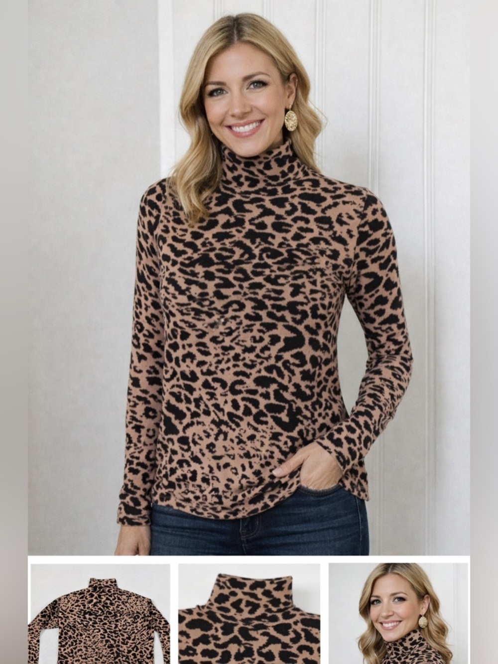 Tahari Leopard Print Turtleneck Sweater XS Fitted Animal Print Chic Fall Top